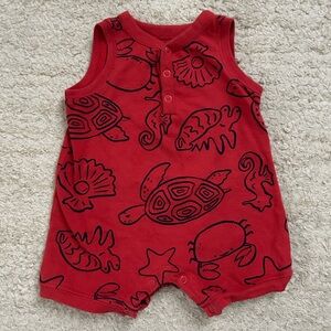 Red Sleeveless Romper with Sea Creature Print